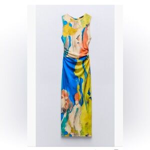 ZARA NEW WOMAN GATHERED PRINTED MIDI DRESS